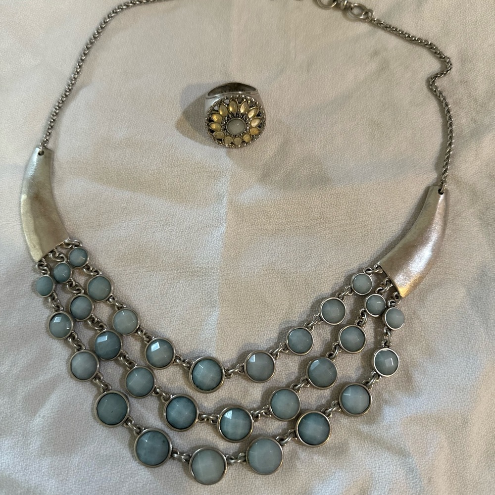 Silver and blue layered necklace (plus ring)